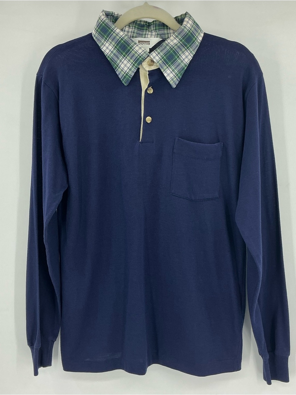 Vintage Montgomery Ward Navy Rugby Shirt Green Plaid Collar